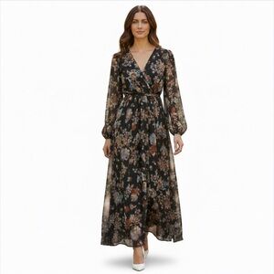 Tommy Hilfiger Long Sheer Sleeves V Neck Floral Maxi Dress 16 Elegant Designer